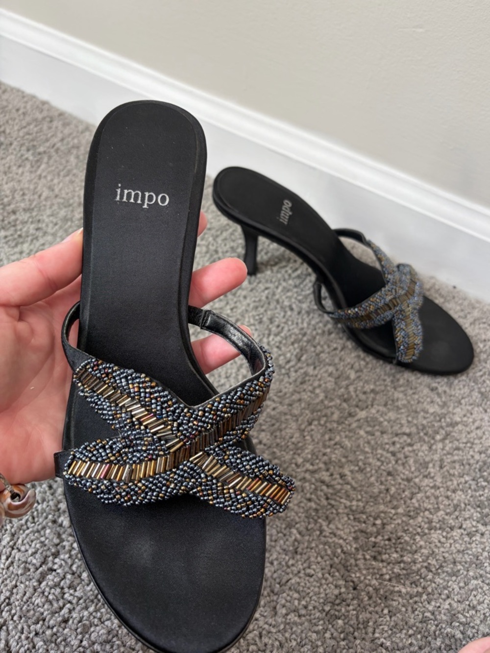 YK2 kitten low heel sandals black with Gold & Blue Beaded Crisscross Straps